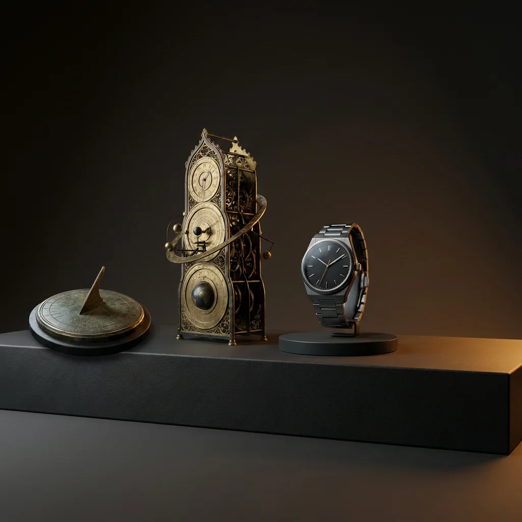 A sundial, an astronomical clock, and a wristwatch in a row on one plinth, with an empty glowing space beyond them