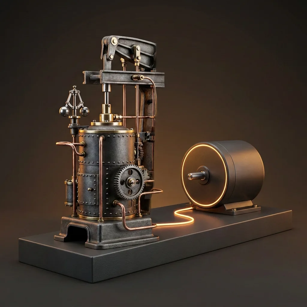 An ornate antique engine and a sealed modern motor together on one plinth, joined by a thread of amber light